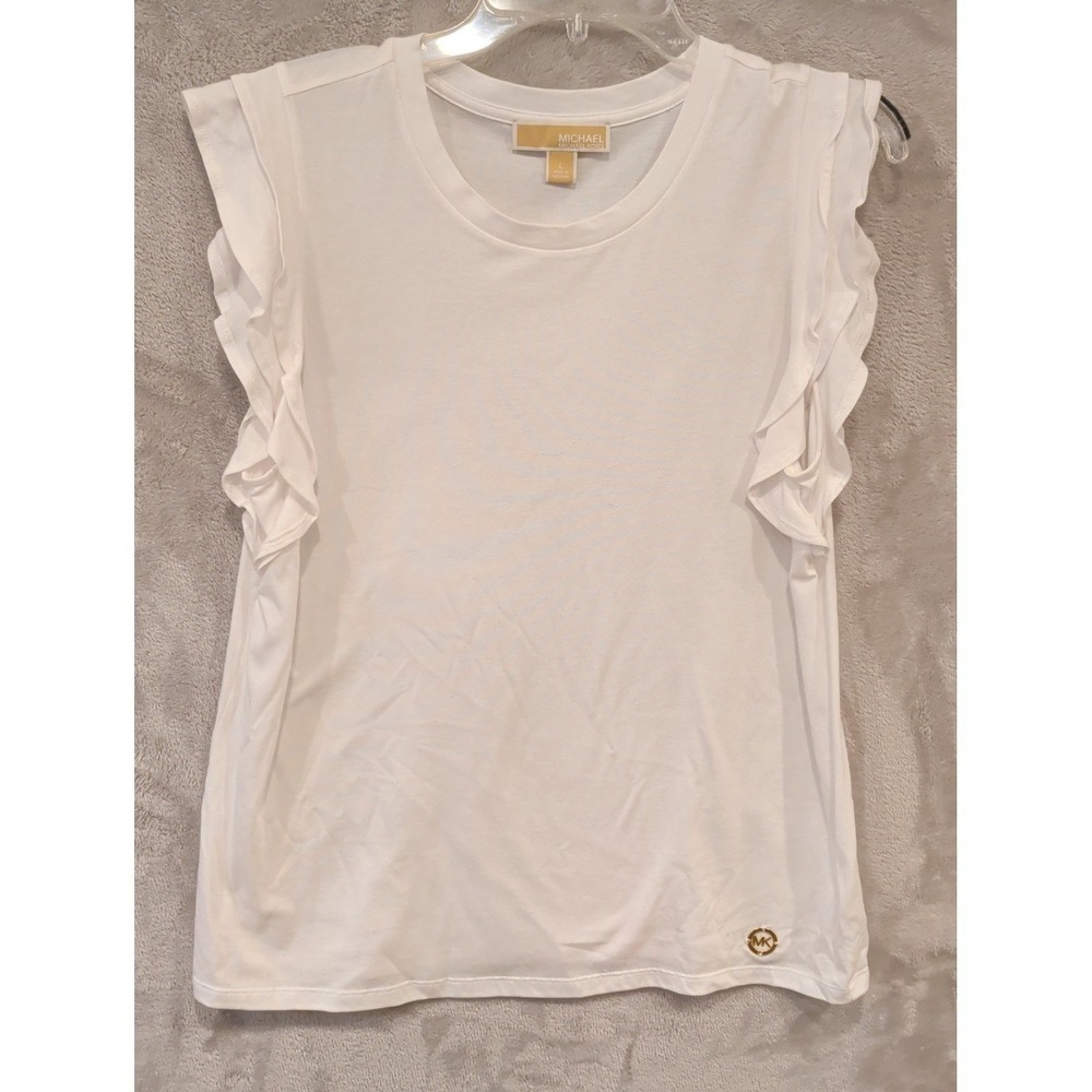 Michael Kors White Ruffle Sleeve Top Womens L Gold Logo‎ Stretch Tee
